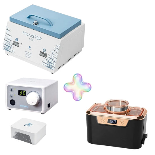 משייף  קומפקטי מנוע 30000 סל"ד עם ידית H200 ודוושה Saeyang K35 Mini+ תנור עיקור בחום יבש MicroStop MIni Dry Heat Sterilizer+אמבט אולטראסוניק מקצועי CDS-310 800 ml DSI Exclusive+מנורת+מנורת UV/LED מקצועית לציפורניים DSI ExclusiveV9
